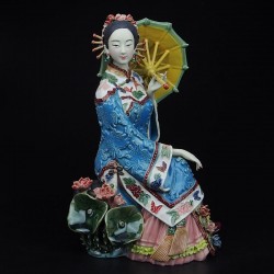 Old Time Chinese Lady Sitting with Umbrella Figurine