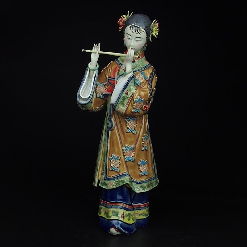 Old Time Chinese Lady Playing Bamboo Flute Figurine