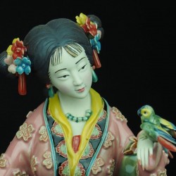 Old Time Chinese Lady Petting Bird Figurine